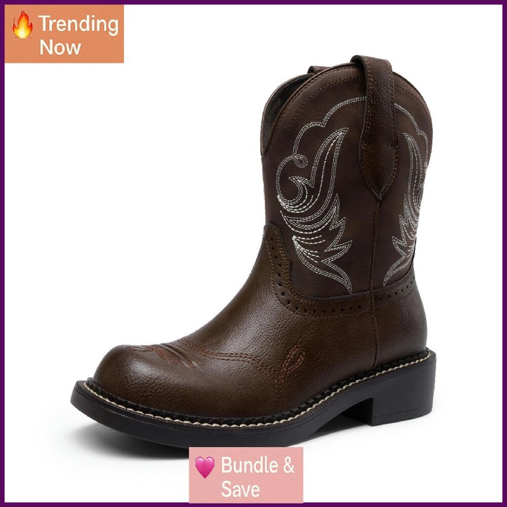 Women's Western Boots Mid Calf Round Toe Slip On Arch Support
